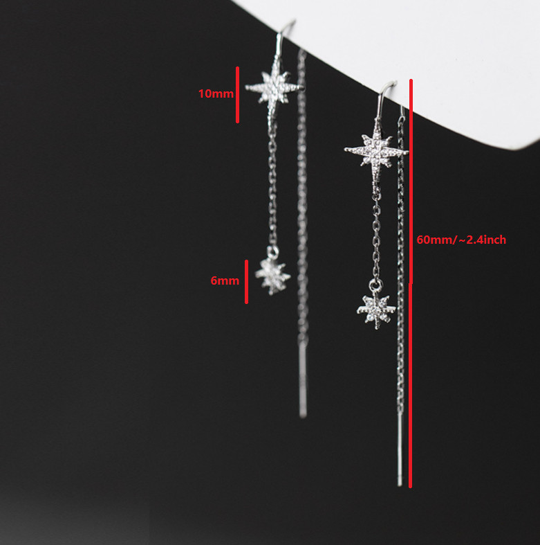 925 Sterling Silver Snowflake Star CZ Dangle Pull Through Threader Earrings PE48