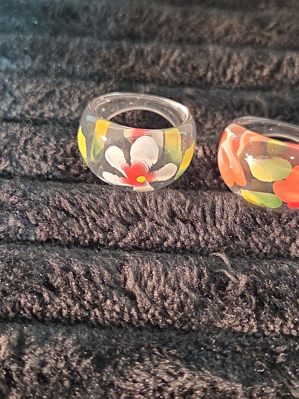 5 Plastic Resin Rings Multicolor Flower Ring Clear Band Handmade Painted Size 10