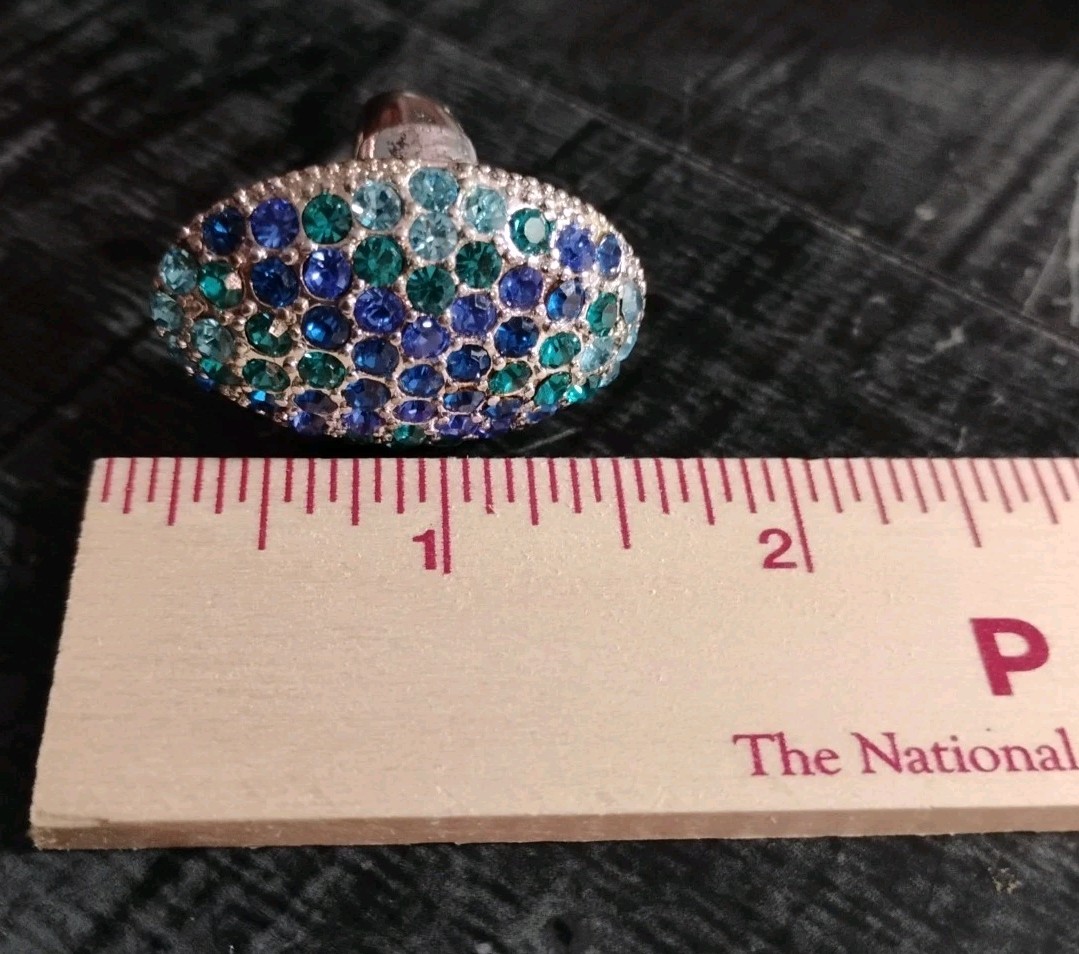 Sparkling SEA TONES! Sz 7 Stretch Large Blue Green/Blue Rhinestone Cocktail Ring