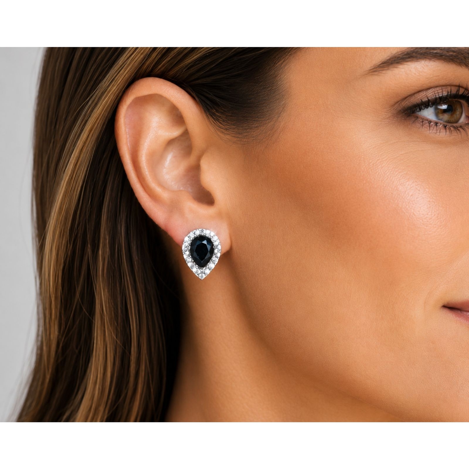 Black Pear Tear Halo Stud Earrings Silver Tone CZ Rhinestone Teardrop NWT