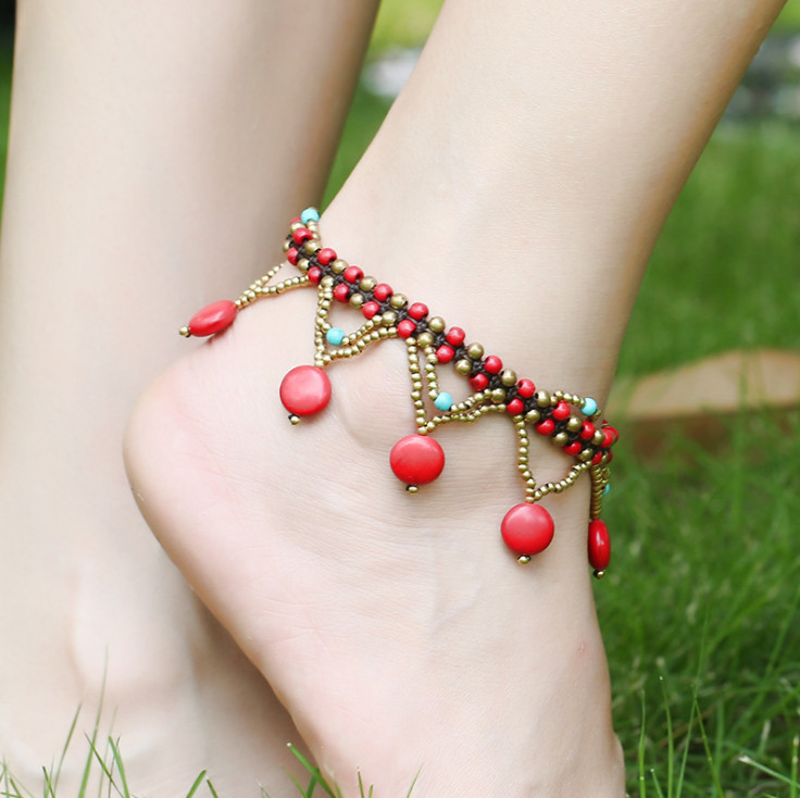 Women Bohemia Turquoise & Copper Bead Bell Wax Rope Foot Anklet Bracelet 8-9.2″