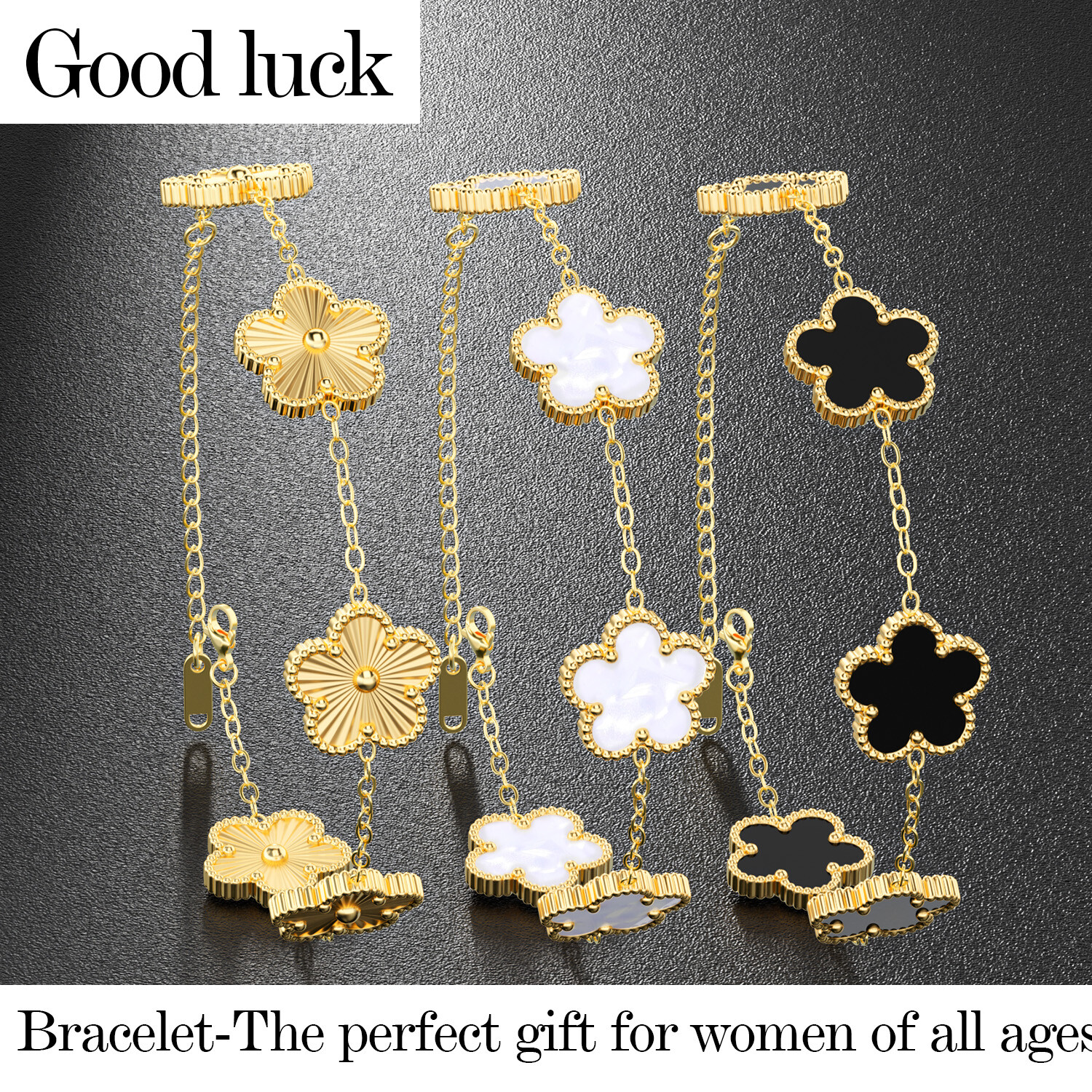 3Pcs 18K Gold Plated Clover Lucky Bracelet Women Flower Five Leaf Link Bracelet