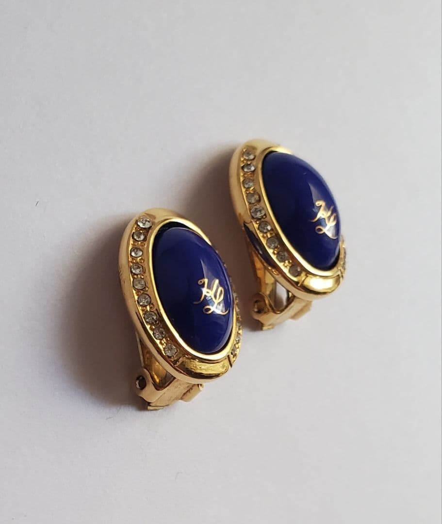 Vintage Karl Lagerfeld Blue Cabochon cut Gold Tone Oval Clip-On Earrings