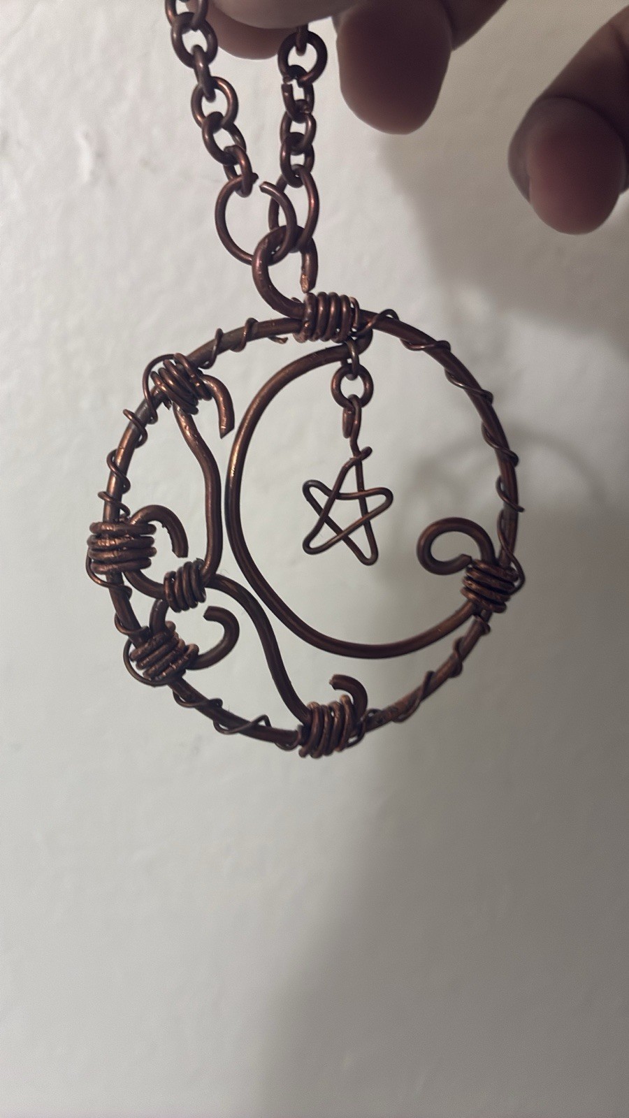 Handcrafted Copper Wire Wrapped Round Star Charm Pendant Link Chain Necklace
