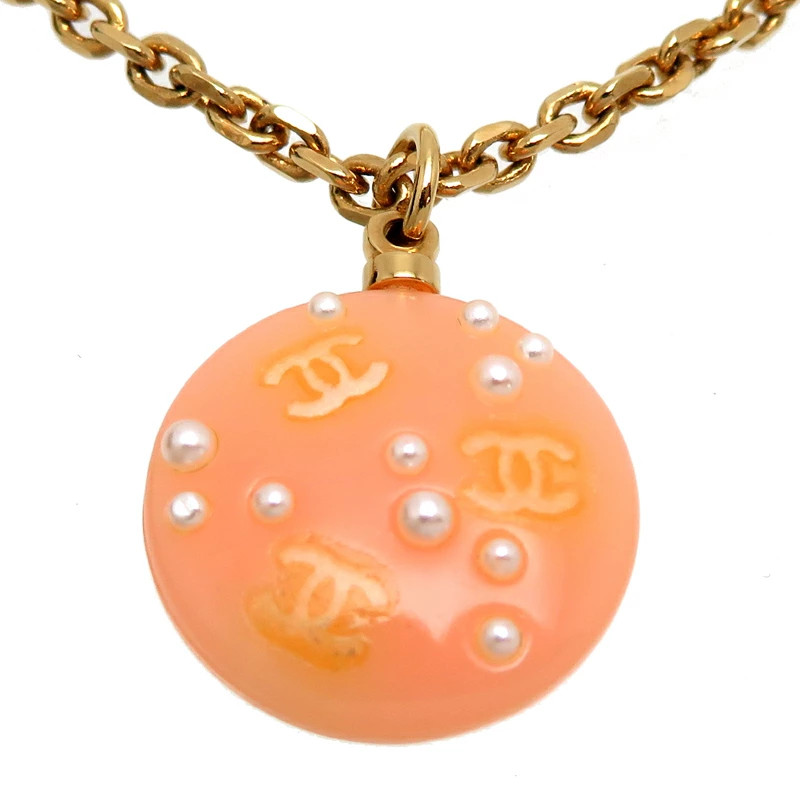 Chanel Cocomark Necklace Salmon Pink GP 16.7in, 0.7×0.9 in, Chain 0.1 in
