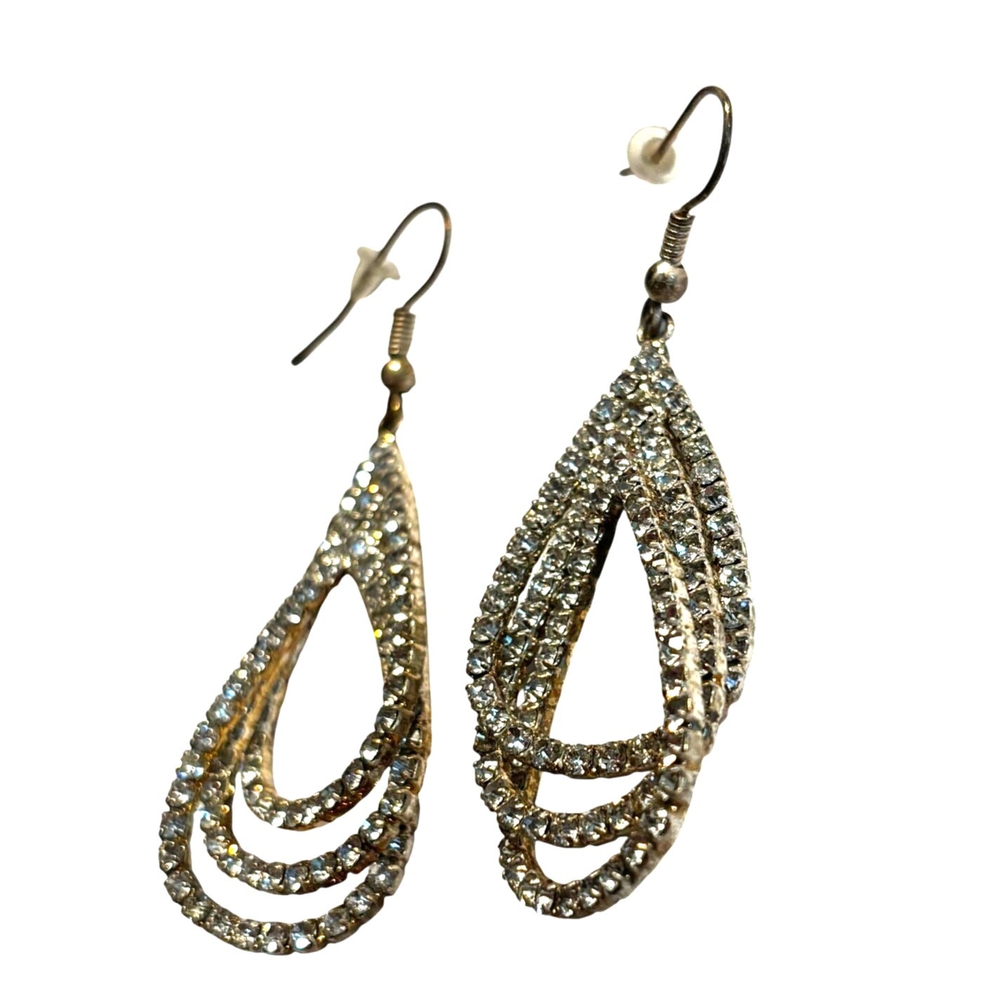 Dramatic pierced earrings silver & clear white rhinestone dimensional teardrops