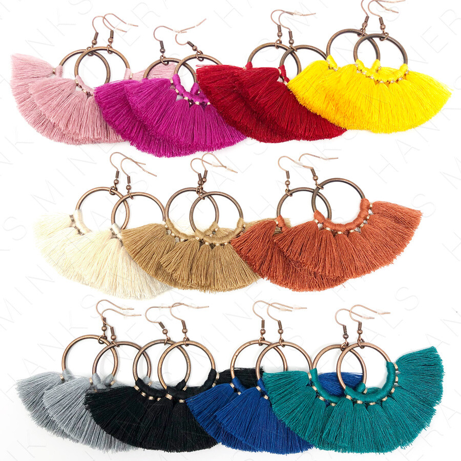 Hoop Fan Tassel Earring Fringe Circle Round Drop Straw Boho Earrings