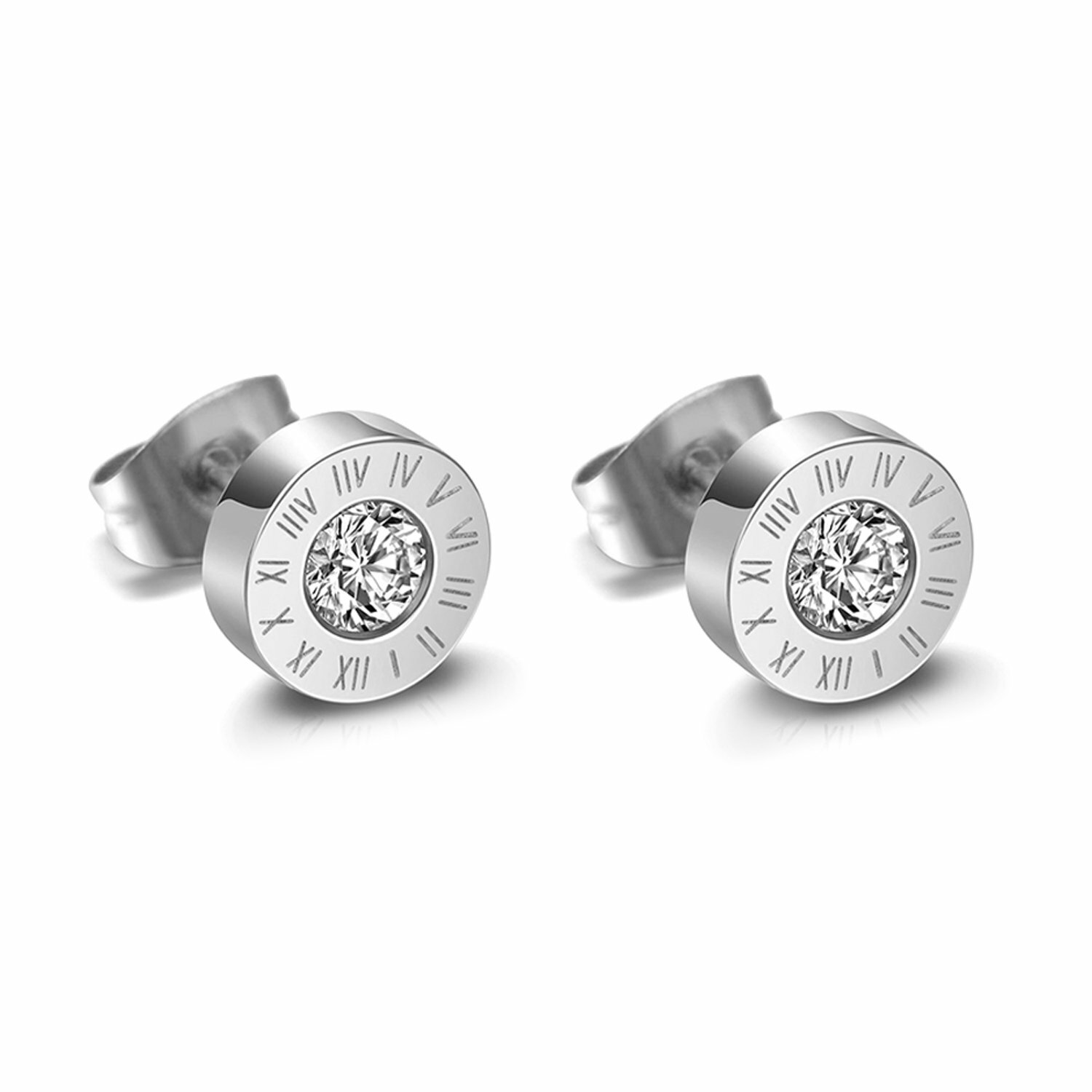 Men Women Stainless Steel Cubic Zirconia Round Roman Numerals Stud Earrings