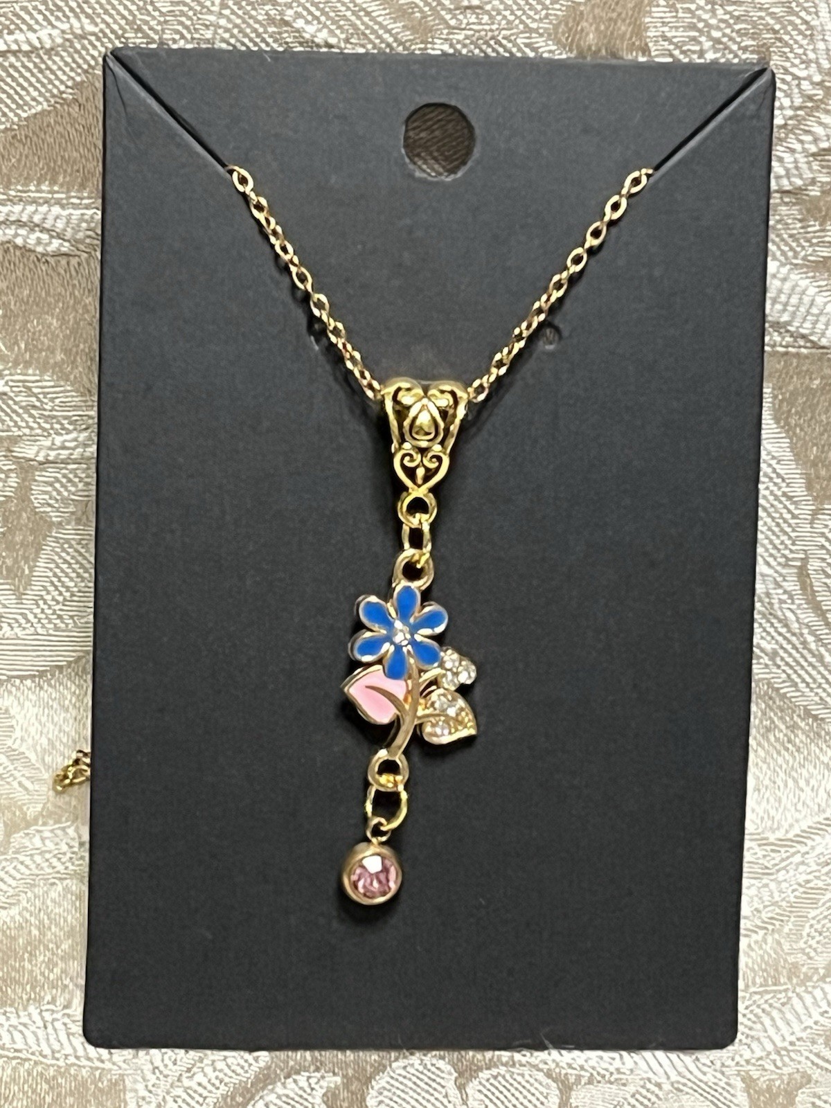 Retro Floral Gem Enamel Pendant Gold 18” Necklace Bohemian Floral Novelty