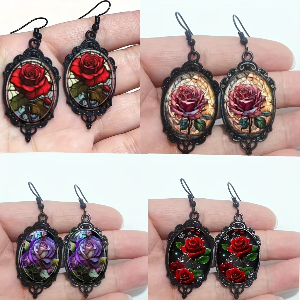 4 PC Rose Glass Cabochon Earrings – Black Filigree Frame Floral Glass Settings