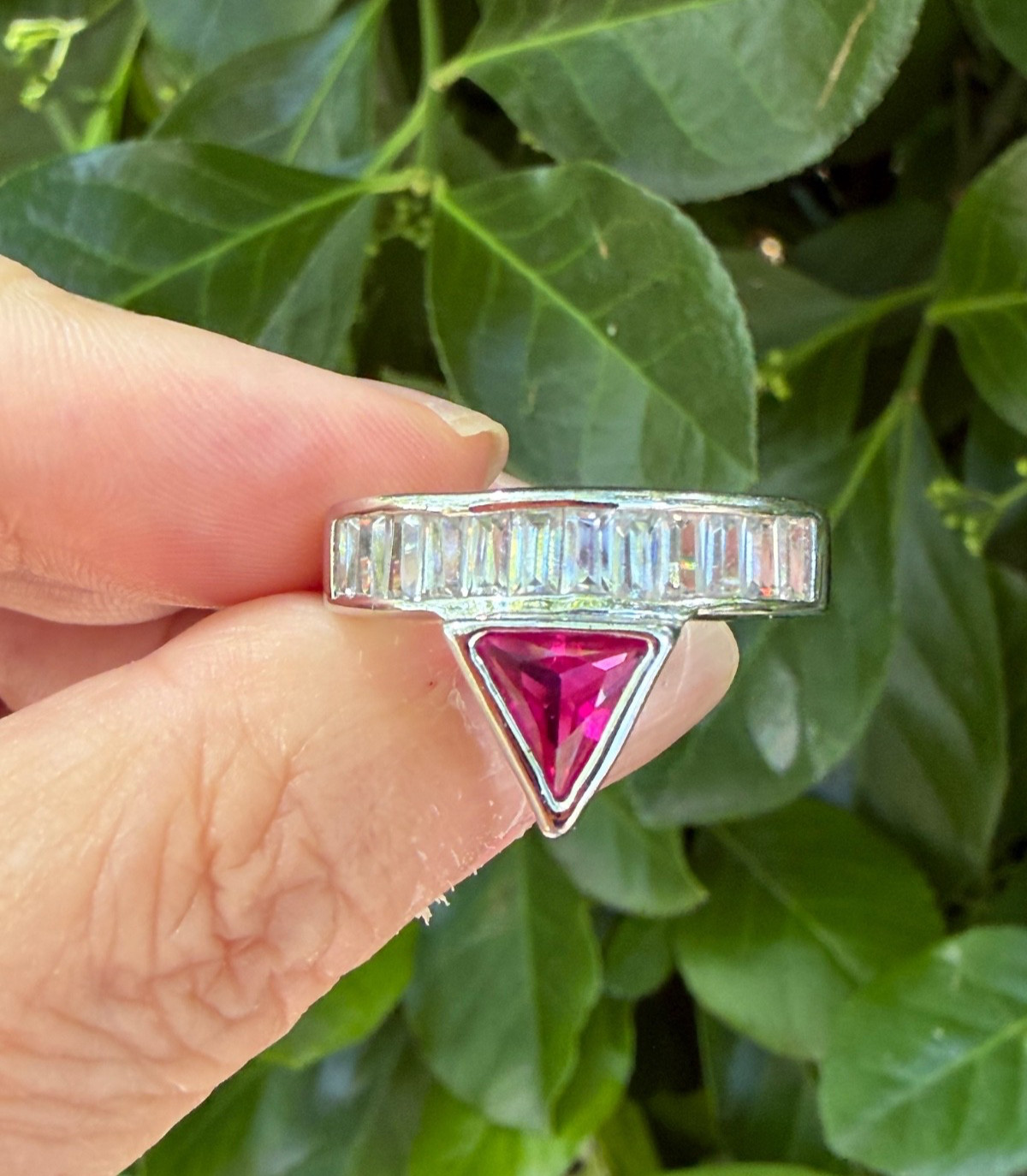 SYNTHETIC RUBY / PINK SAPPHIRE BAGUETTE RHINESTONES GEOMETRIC RING SILVER TONE