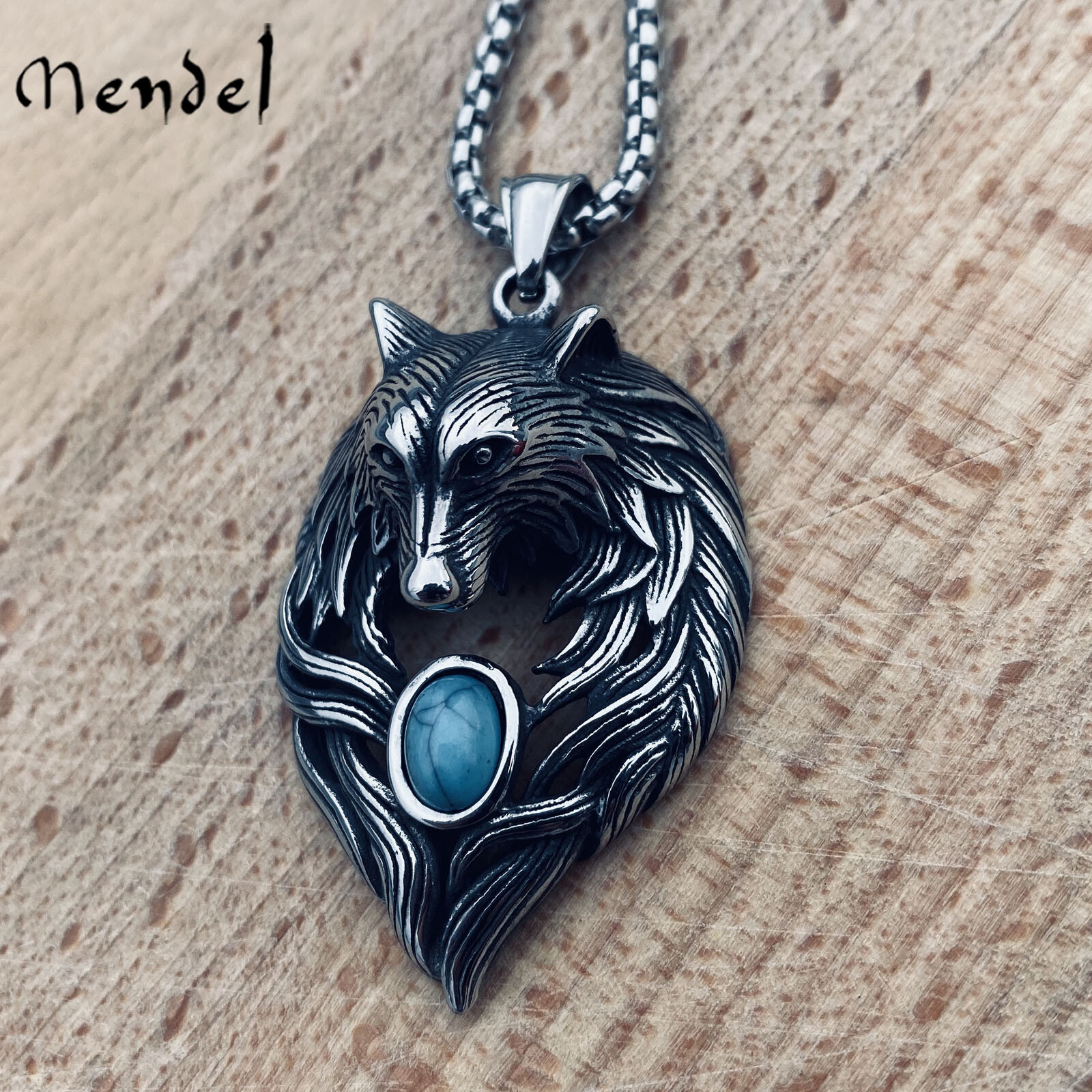 MENDEL Mens Stainless Steel Turquoise Wolf Head Pendant Necklace For Men Women