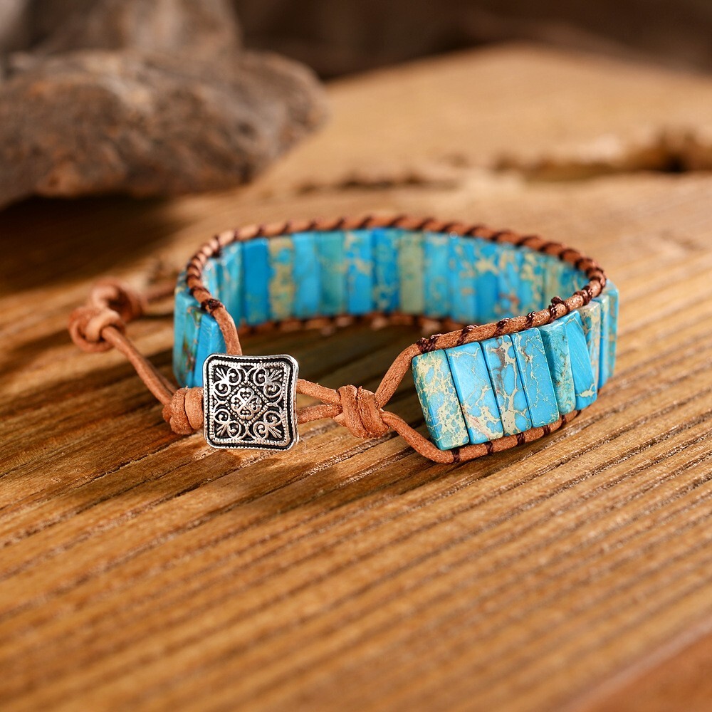 Natural Turquoise Leather Boho Handmade Healing Meditation Women Wrap Bracelet