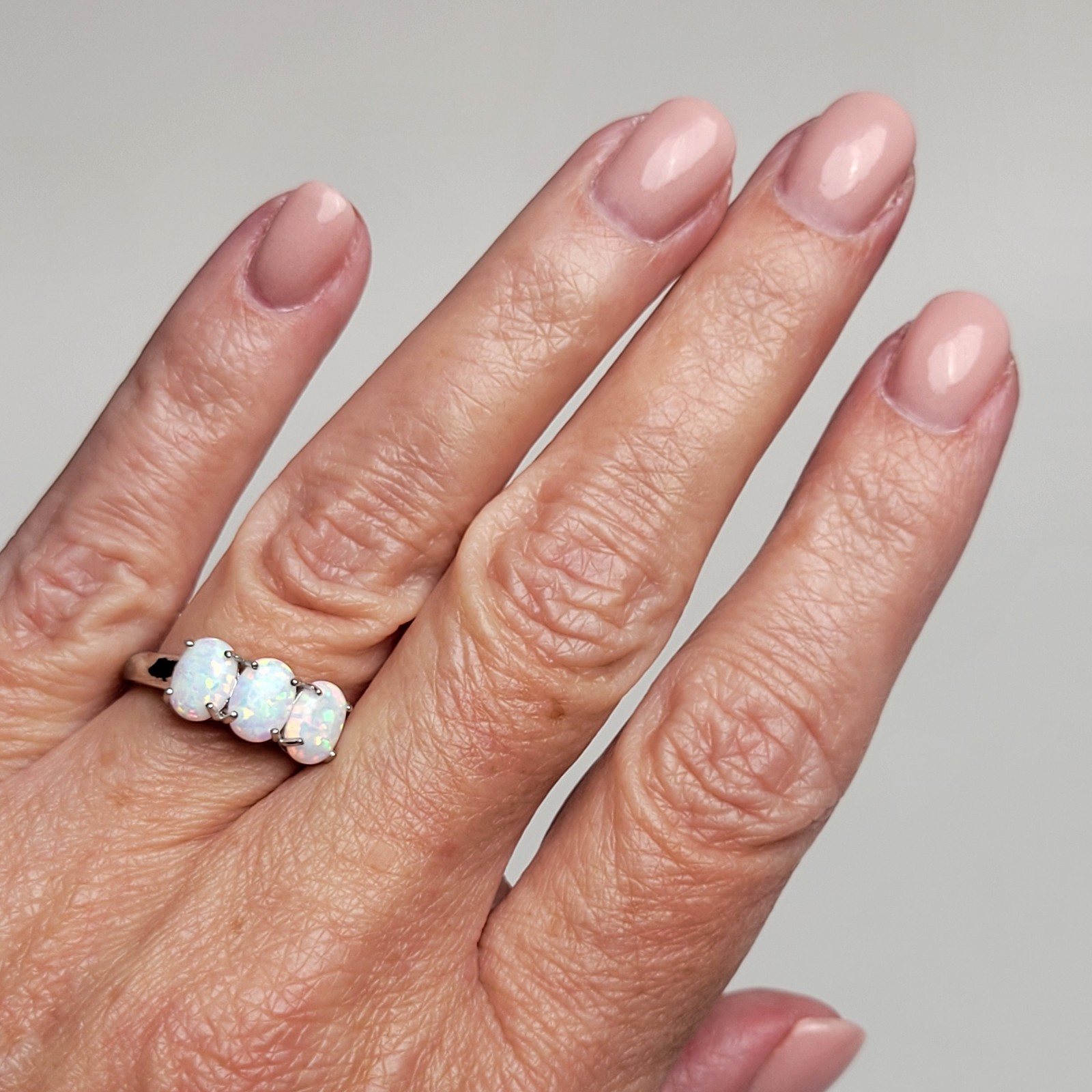 Beautiful Opal 3-Stone Ring Size 7. 925 Sterling Silver. Gorgeous Colors!