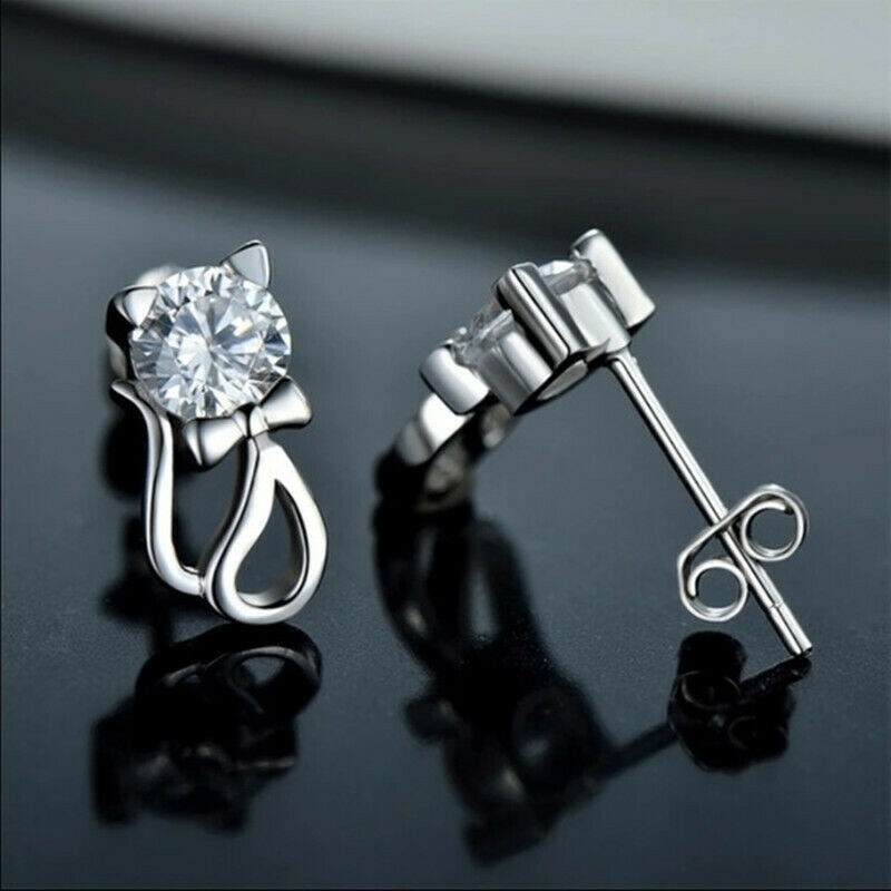 Adorable New Silver Plated Clear White CZ Kitten Cat Stud Post Earrings