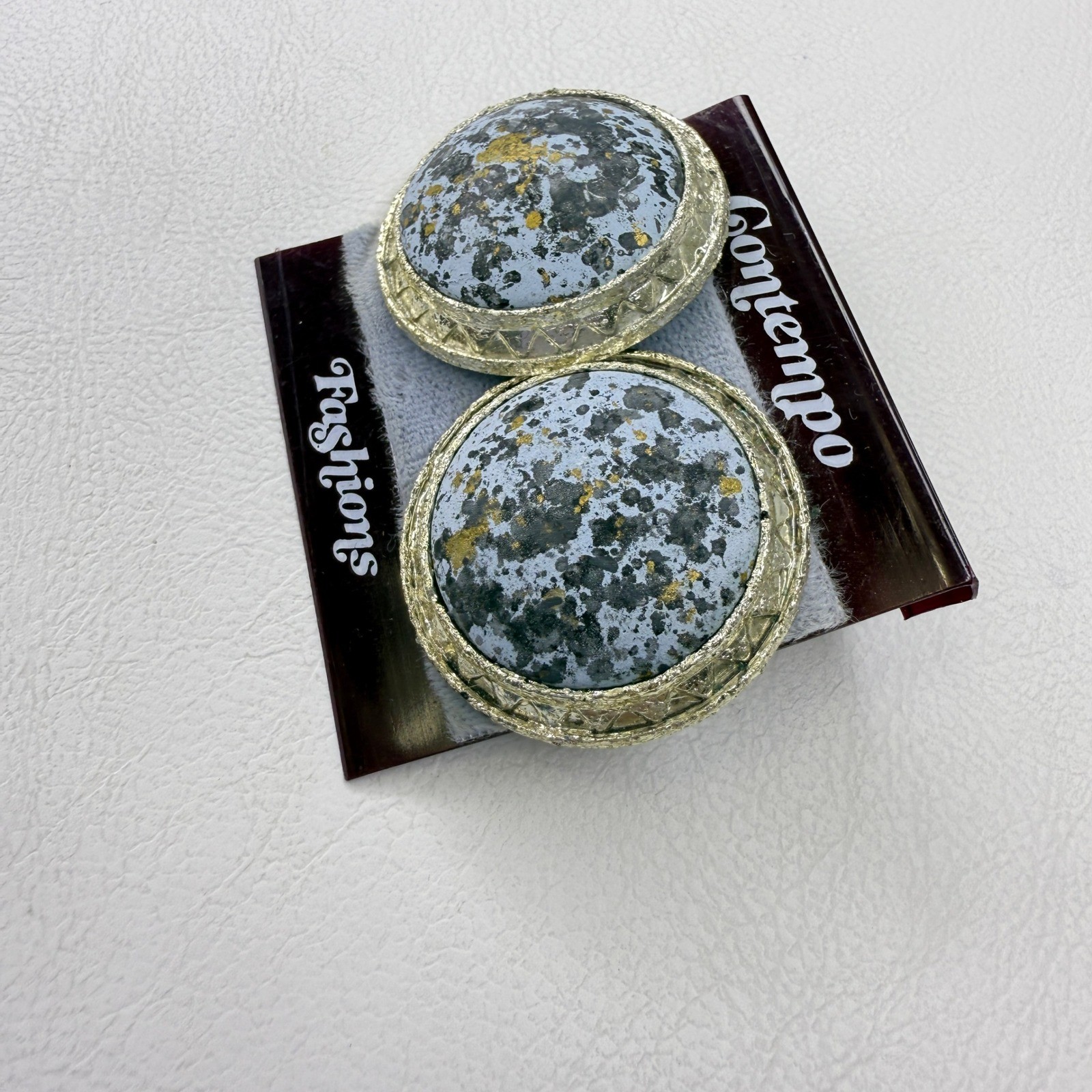Contempo Fashions Vintage 80s Round Clip On Earrings Gold Tone Blue Gray