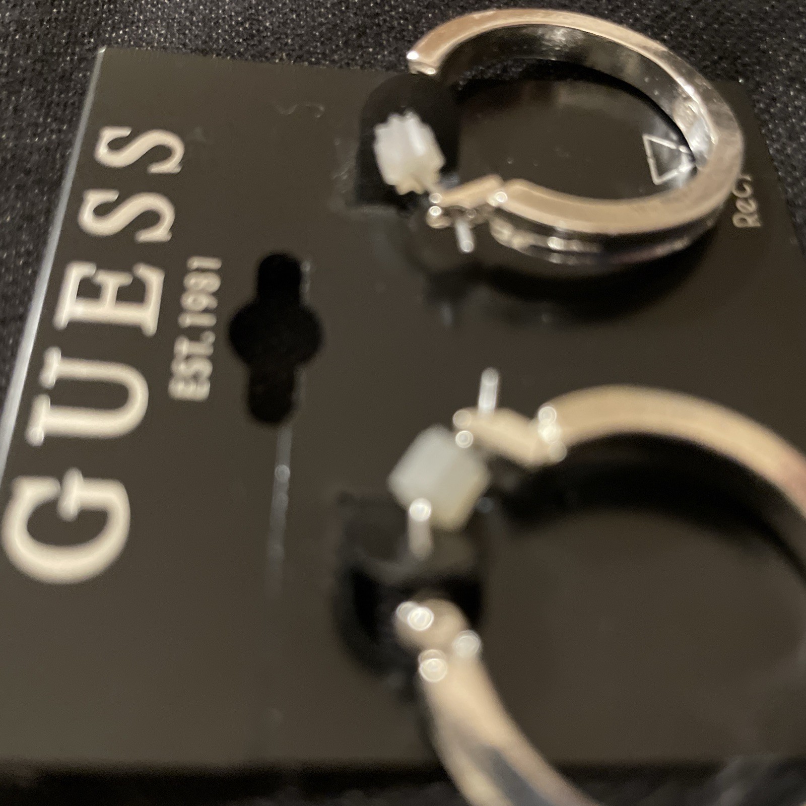 GUESS Brand New Silver Tone Hoop Earrings With Beveled Edge (NWT) Approx 1”