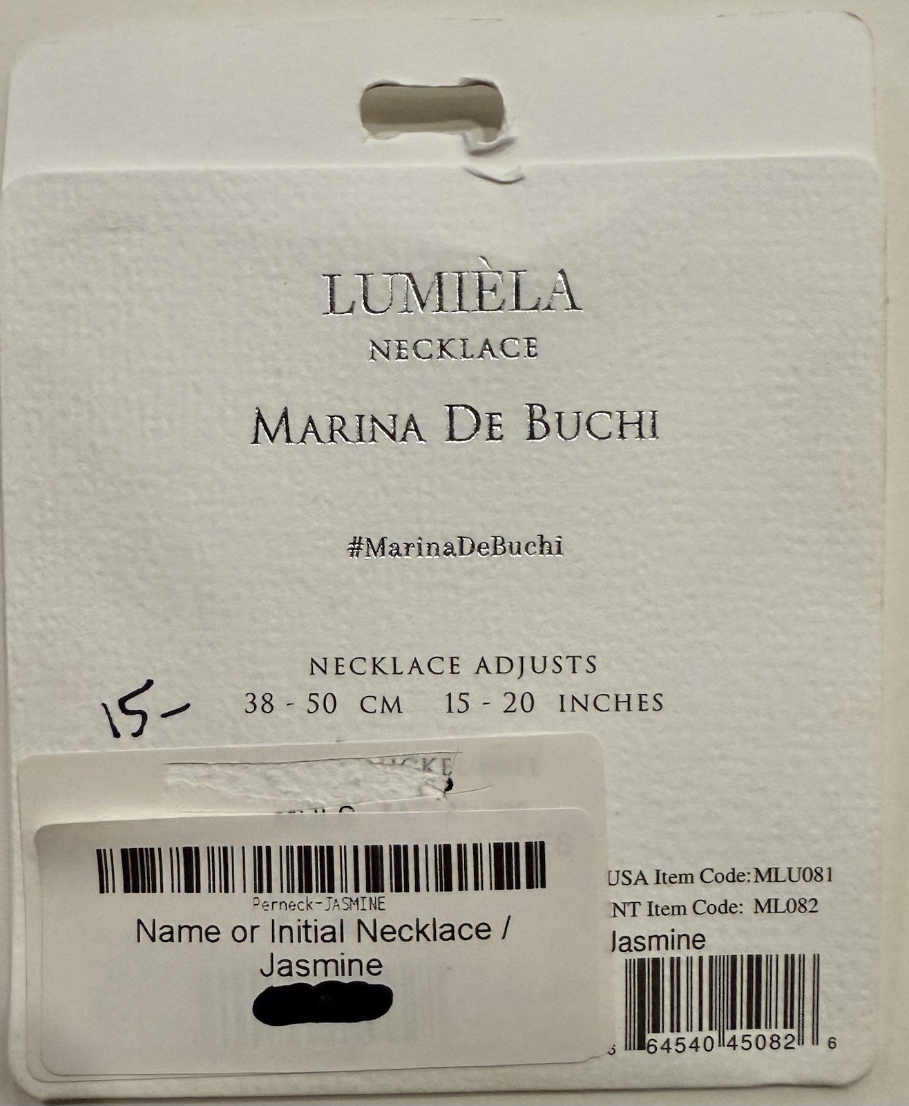 JASMINE LUMIELA NAME NECKLACE MARINA DE BUCHI ADJUSTABLE LENGTH NICKEL FREE