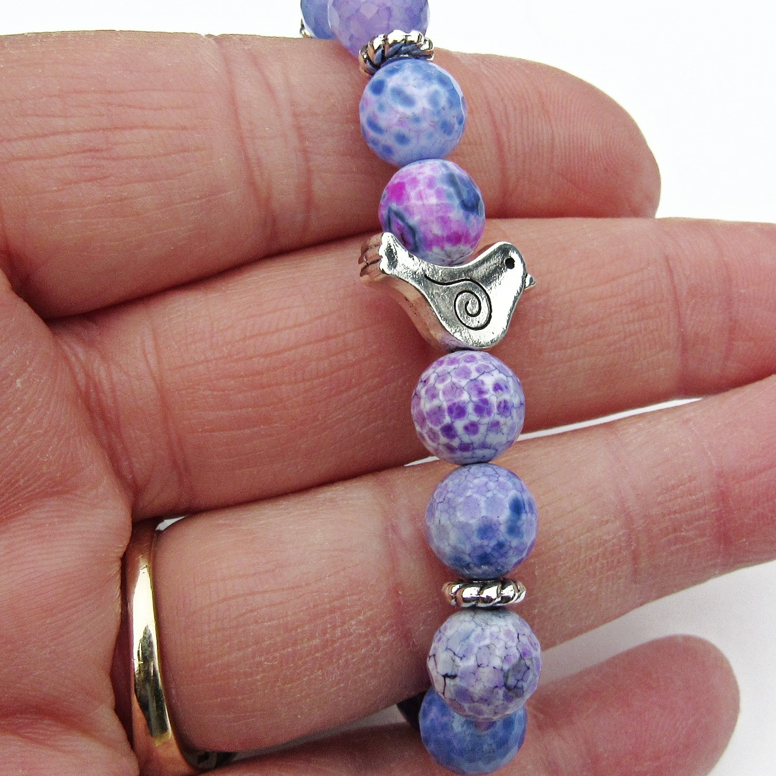 6 Inches Purple Faceted Crackle Fire Agate Stone Stretch Bracelet, Bird Bead