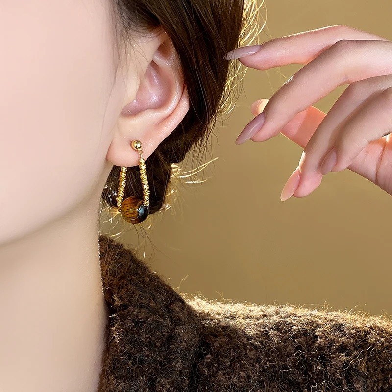 Round Tiger Eye Stone Hanging Earrings Womens Pendant Earring Fashion Jewelry