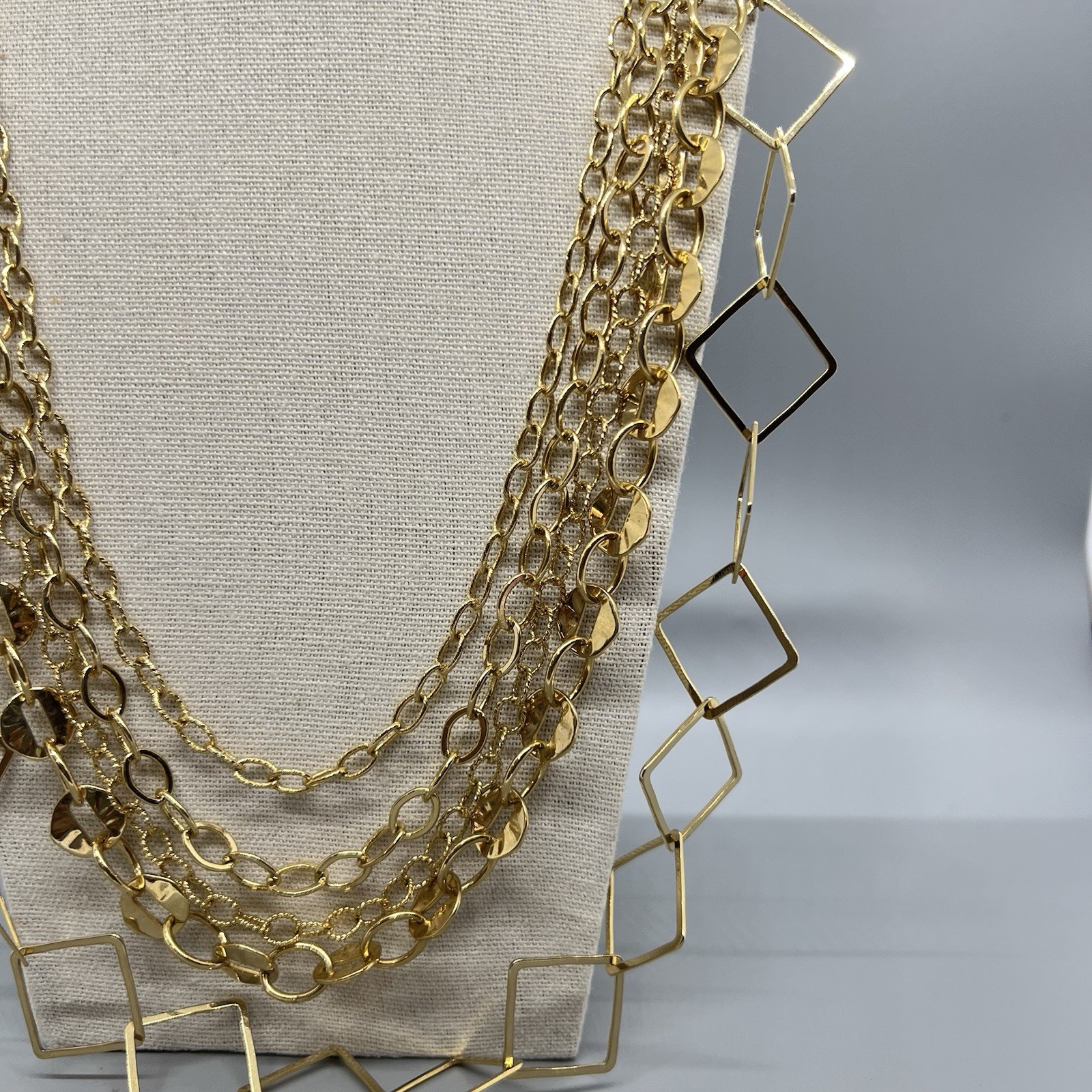 Bold Multi-Strand Gold Tone Statement Necklace Open Geometric Link Layerer