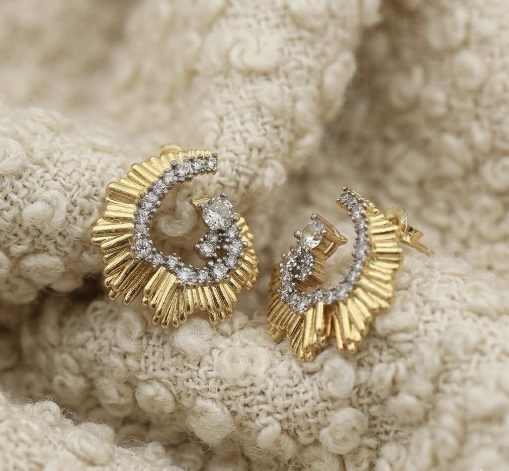 Art Deco Hoop Earrings Gold Solanales Molten Sunburst Boho Fan CZ Sculptural VTG