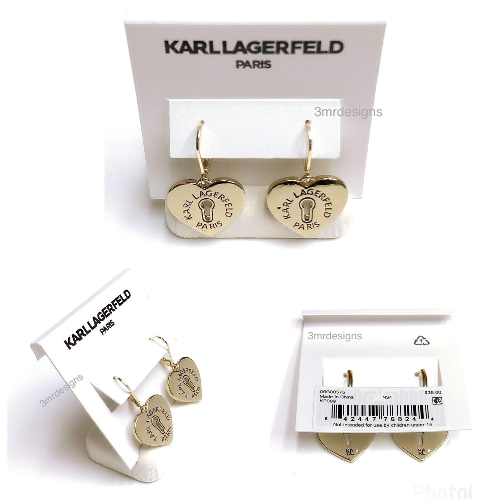 NWT Karl Lagerfeld HEART KEY HOLE 12-K Gold Plated Brass Drop Earrings