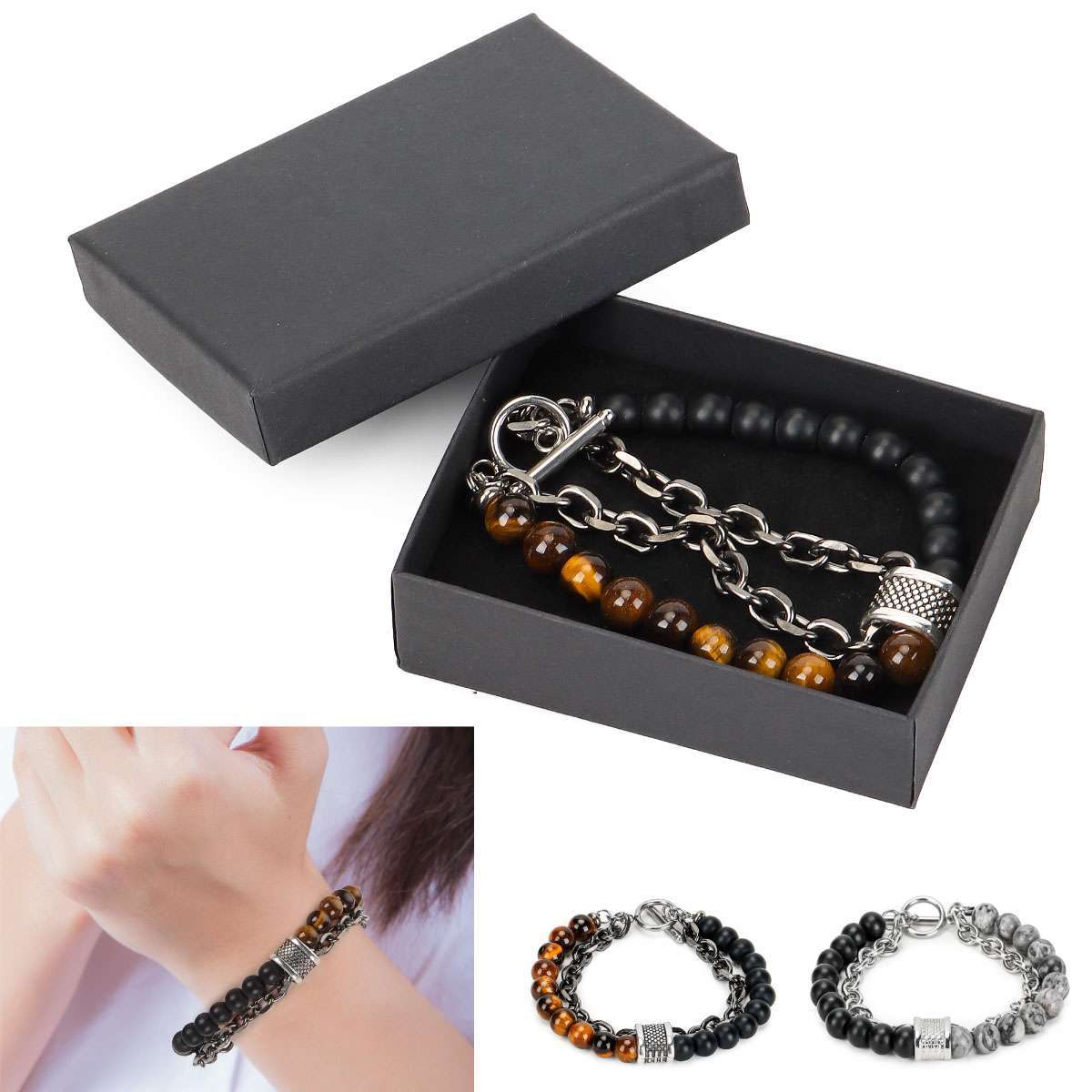 Stainless Steel Bracelets Natural Map Stone Men’s Women Beaded Tiger Eye Jewelry
