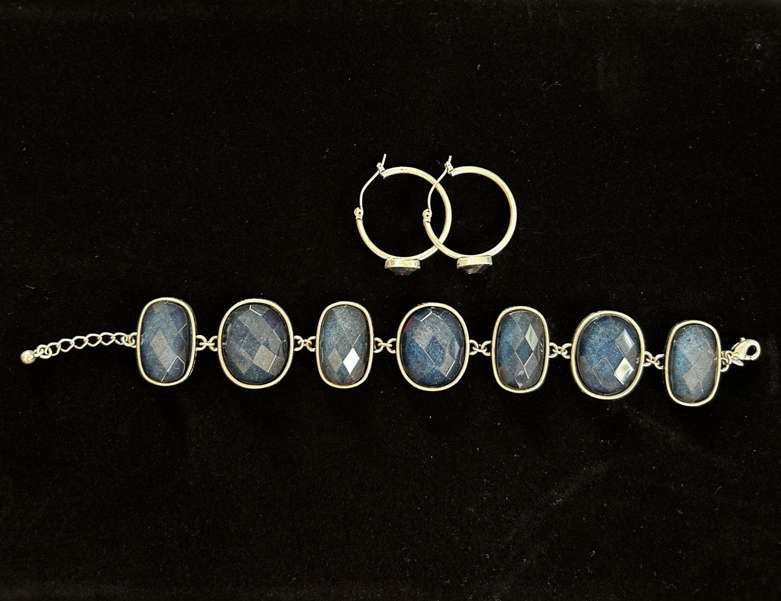 Avon Signed Silver-Tone Blue Faceted Oval Stone Bracelet & Hoop Earrings Set