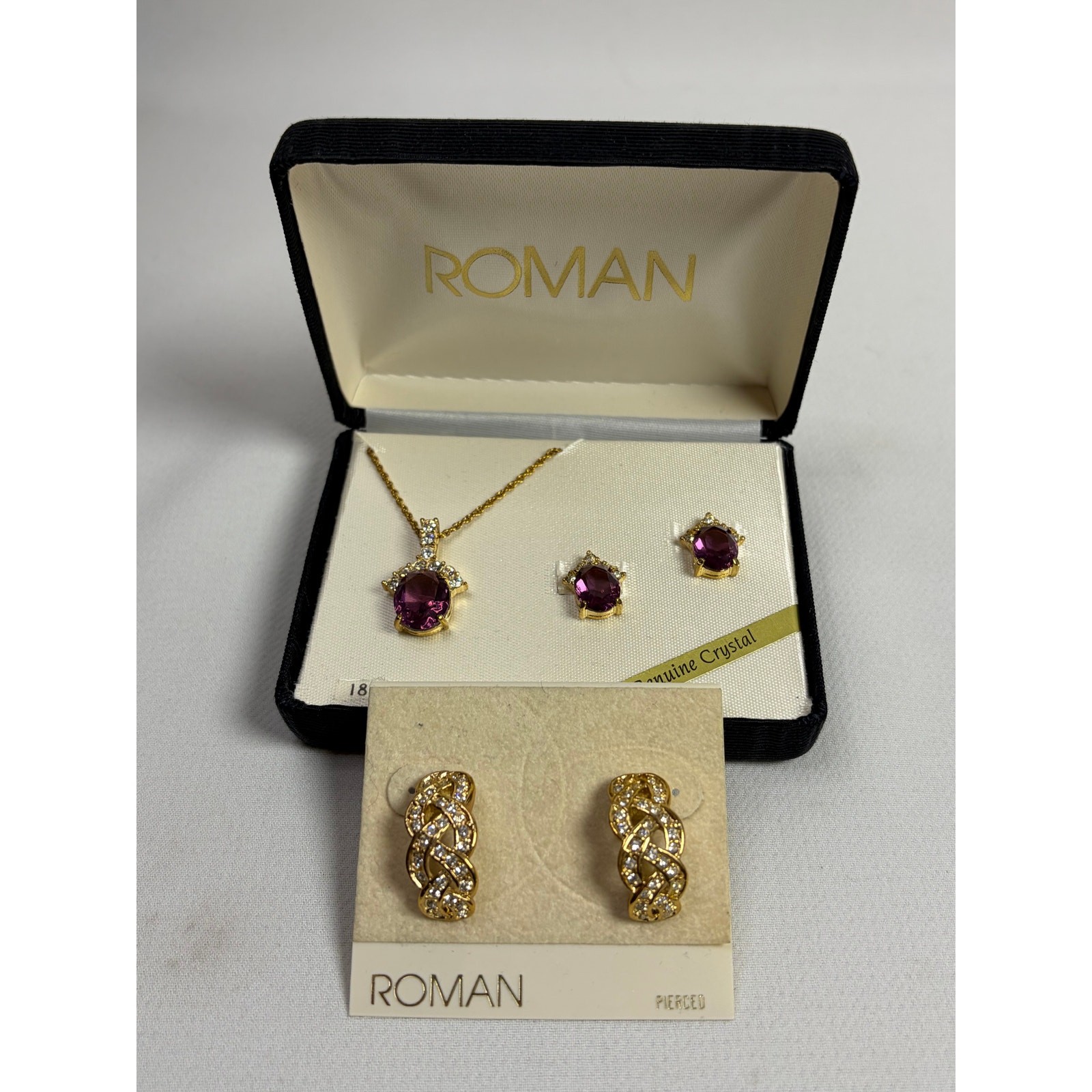 Roman Vintage NOS Gold Tone Necklace and 2 Pairs of Earrings Purple Crystal