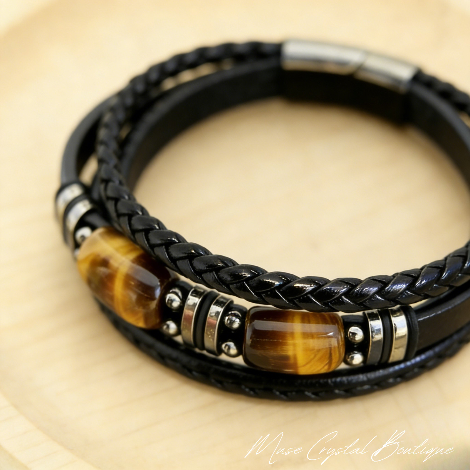 Natural Tiger Eye Bracelet Men Genuine Leather Braided Healing Energy Jewelry