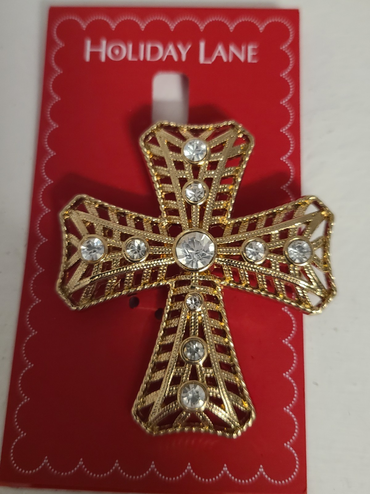 Holiday Lane Gold Tone Crystal Cross Pin Christmas Easter 2 3/8″ x 2″