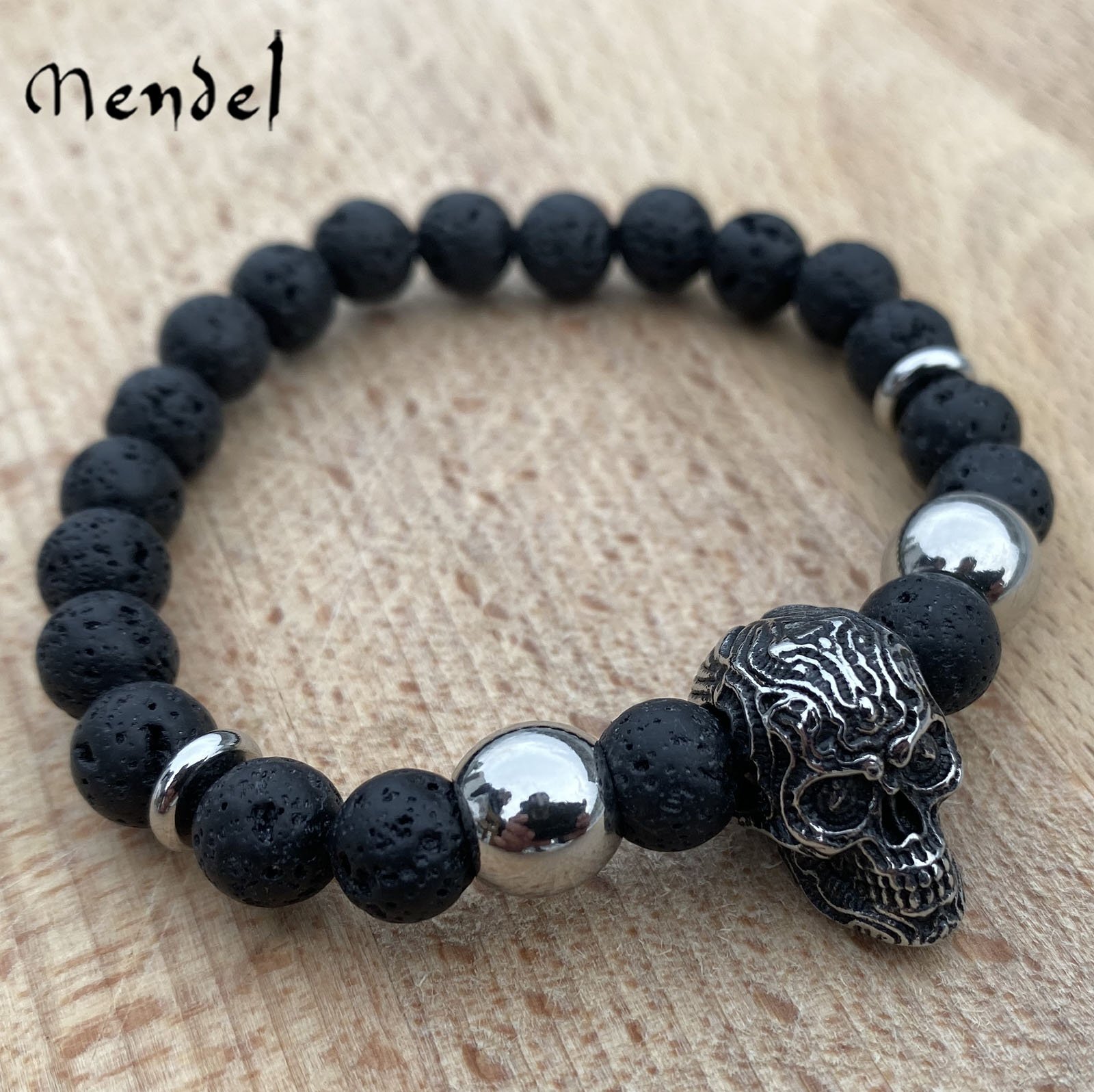 MENDEL 7 Inch Mens Lava Stone Rock Beads Skull Biker Cuff Bracelet Men Stainless