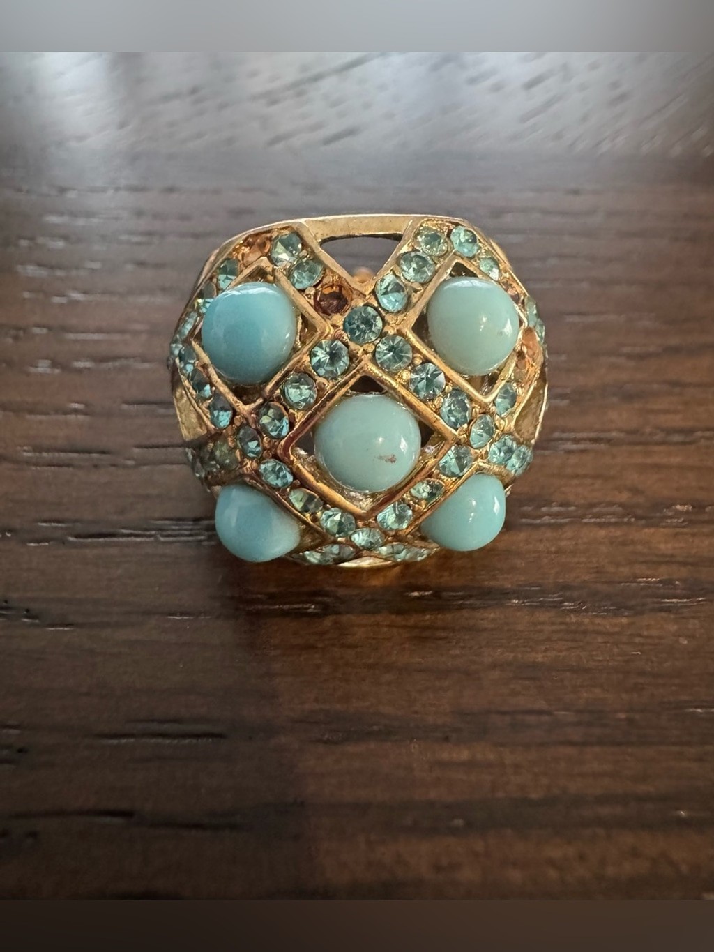 Stretch Statement Ring Blue Cabochon & Rhinestone Gold Tone Adjustable Size 7.5–