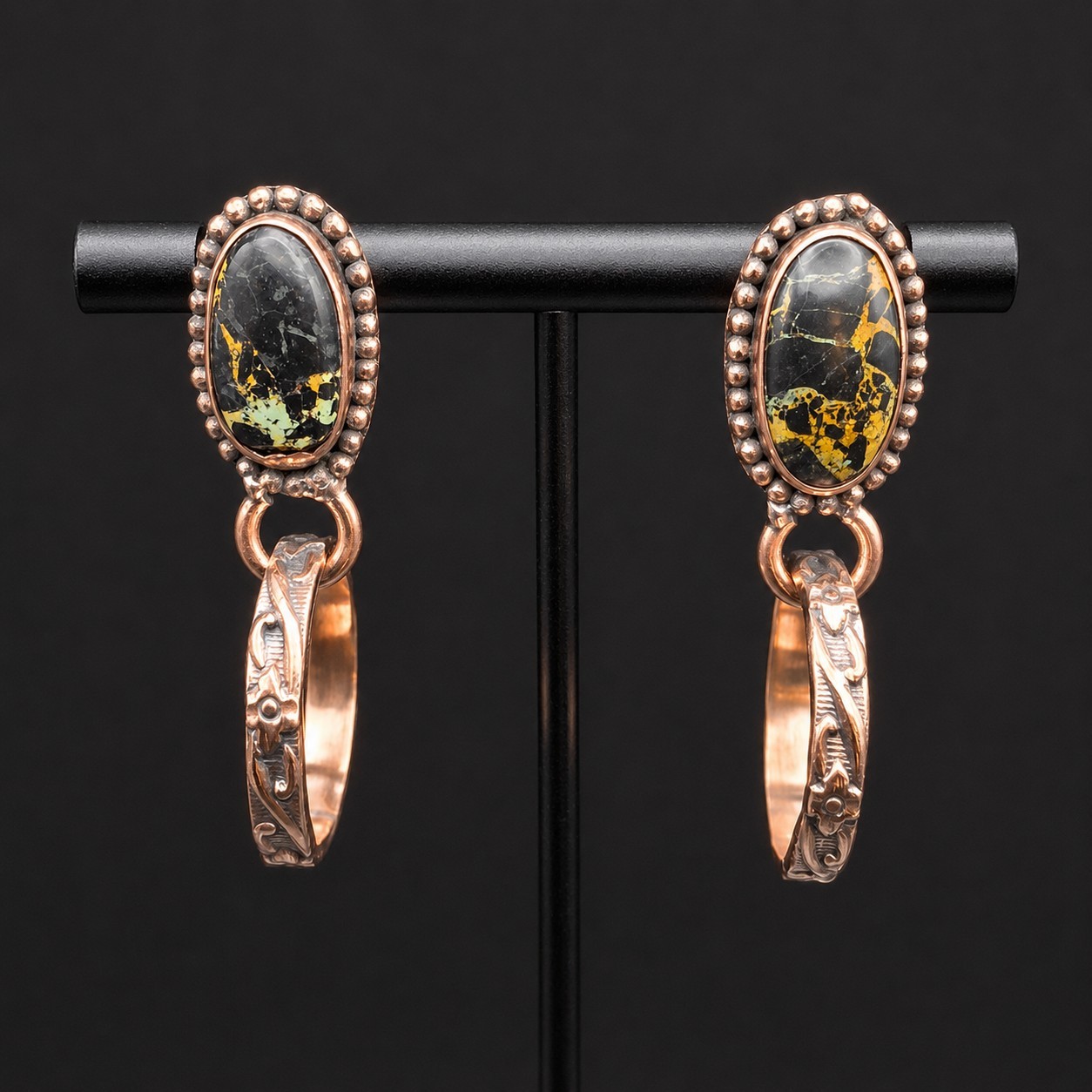 Black Jack Turquoise Copper Hoop Earrings Dangle Southwestern Native Style