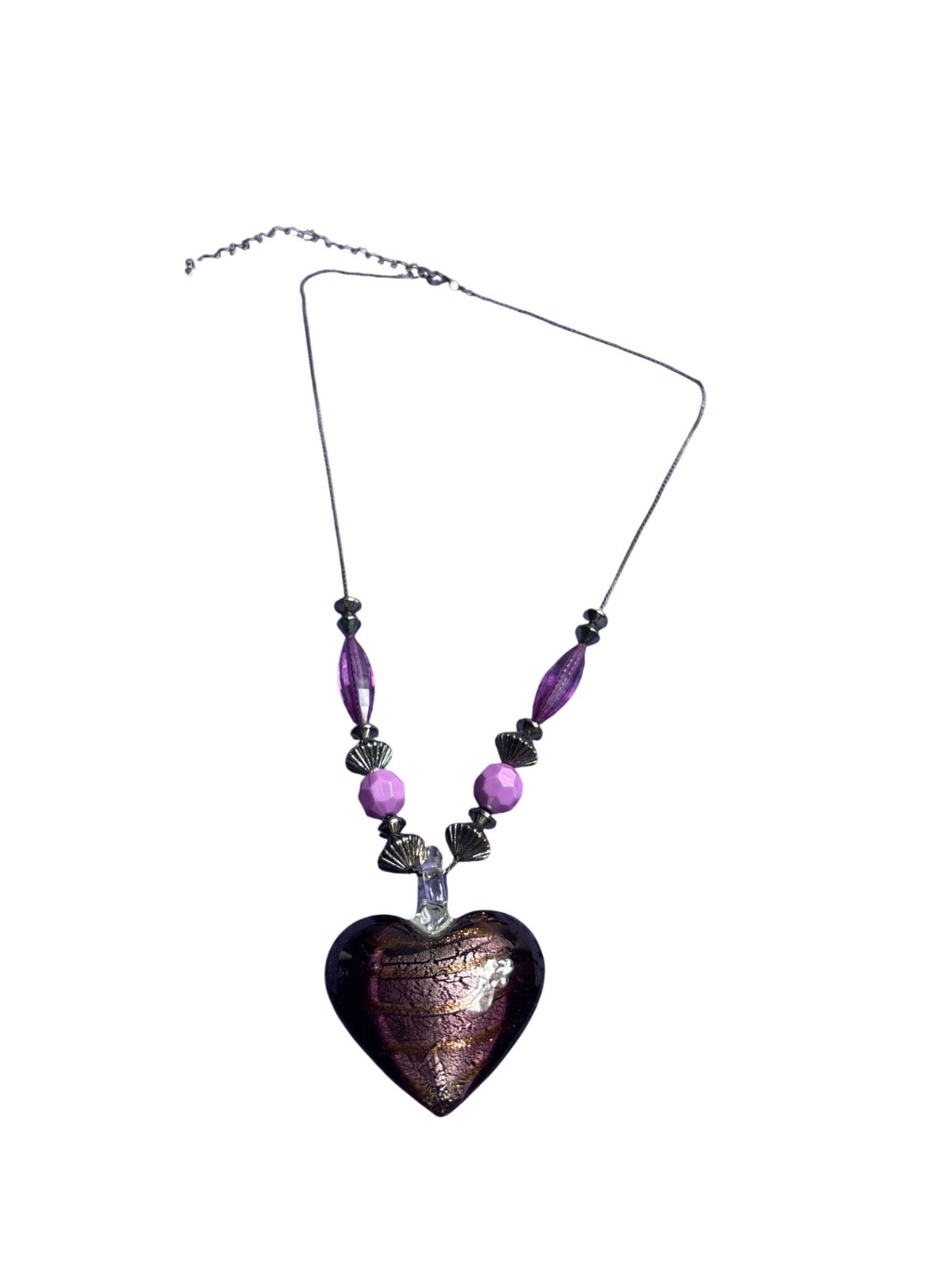 Purple Art Glass Pendant Necklace Gumetal Plastic Beads 17 – 20 inches Long