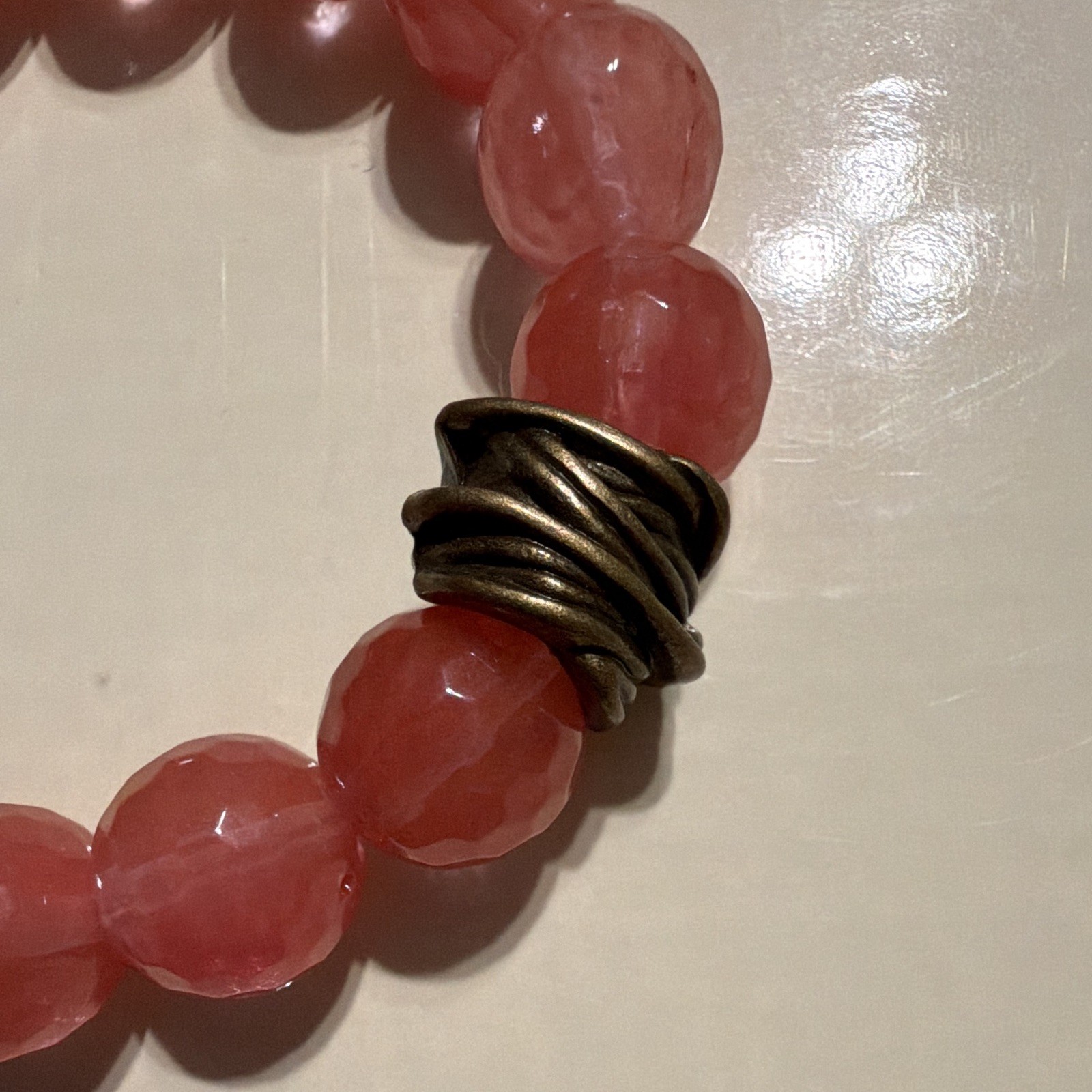 Pink Stone Beaded Stretch Adjustable Bracelet Round Beads Metal Spacer Charm