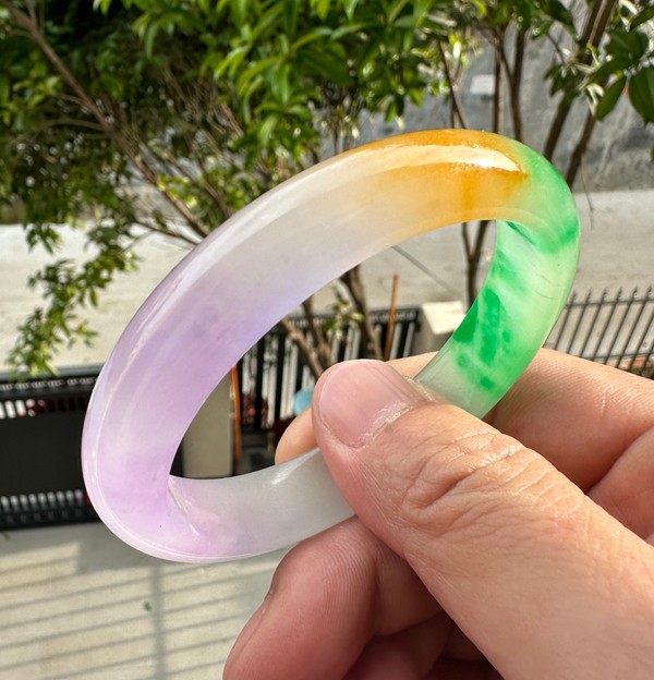 Natural Grade A Jadeite Bangle Tri-Color Green Lavender Yellow Burmese Jade 57mm