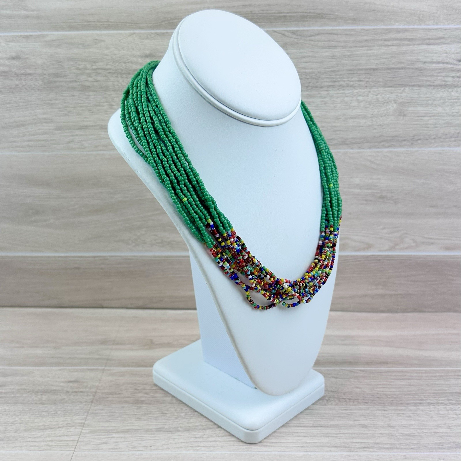 Seed Bead Necklace Green & Multicolor Multi Strand Statement Boho Style 18”