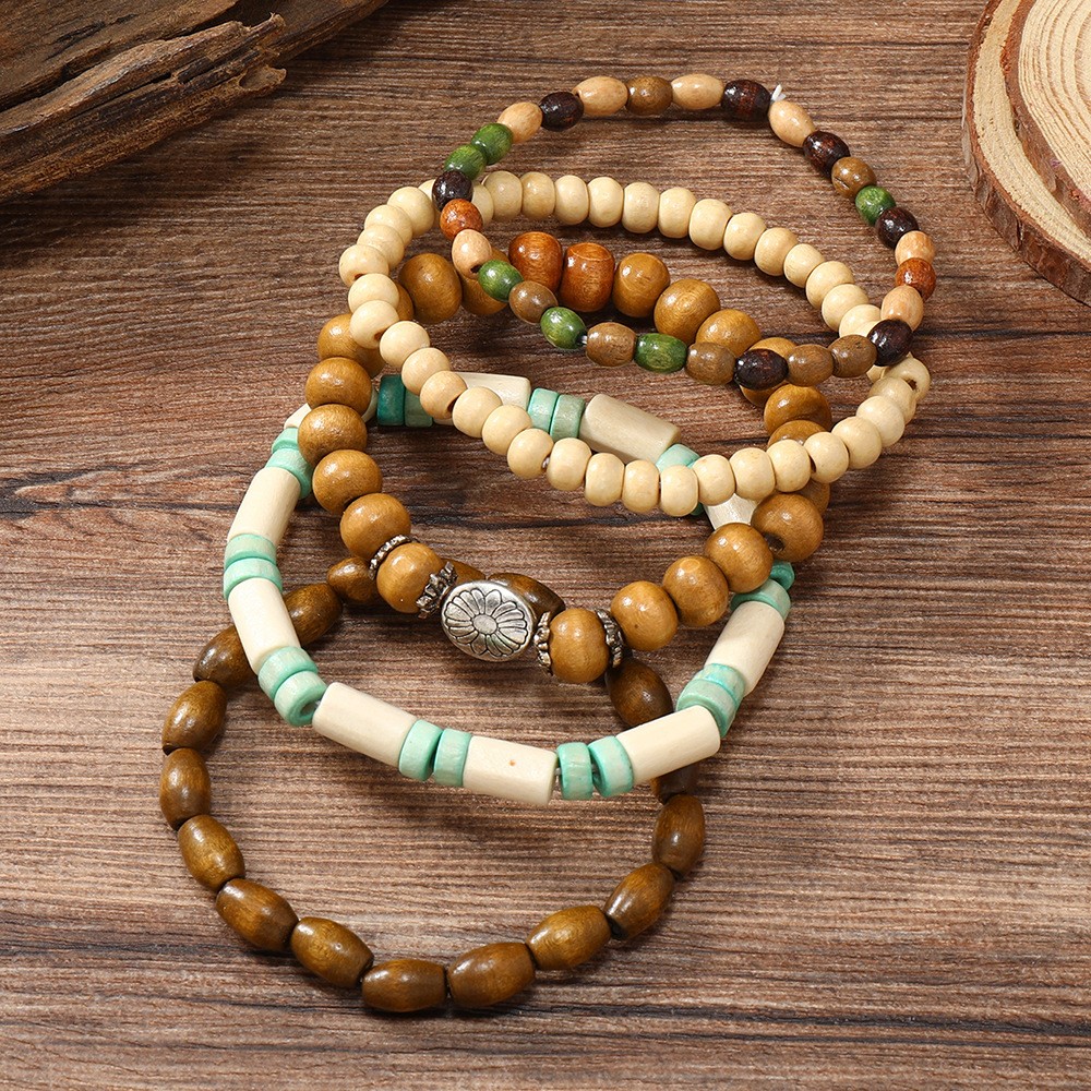 Bracelet For Men Retro Art Style Small Fresh Flower Multi-piece Set Of Wood