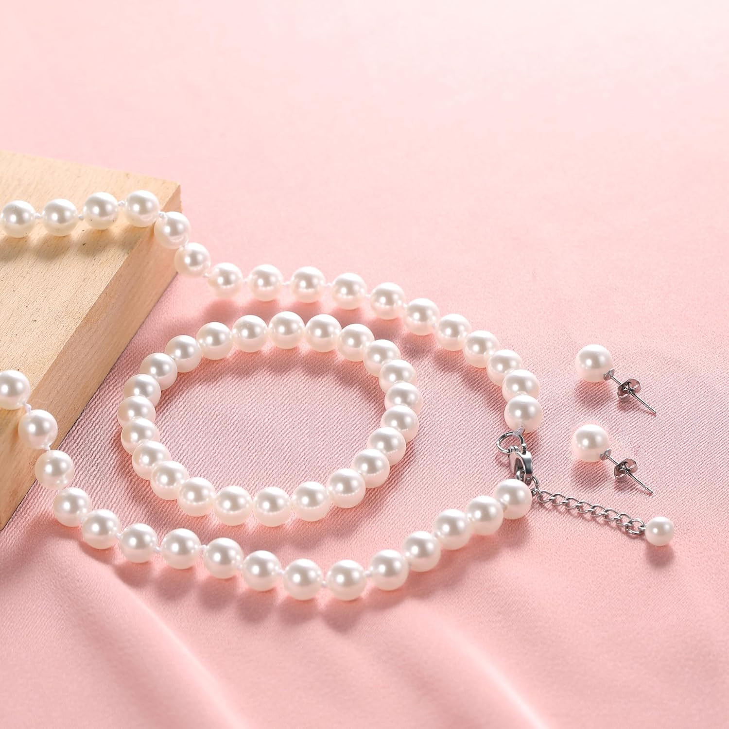 White 8Mm Faux Hand Knotted Glass Imitation Pearls Necklace Earring Jewelry 3 Se