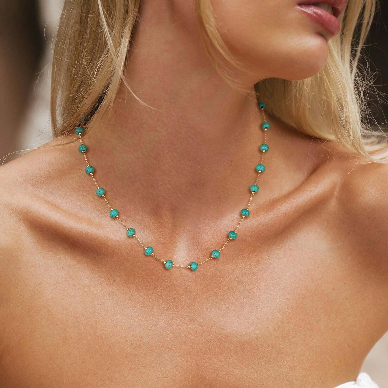 Created Turquoise Necklace for Women 14K Gold Plated Beaded Heart Choker Boho Ne