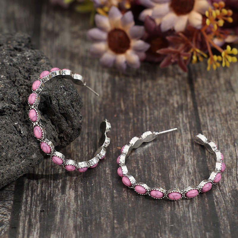 New Bohemian Pink Turquoise Circle C-Shaped Earrings