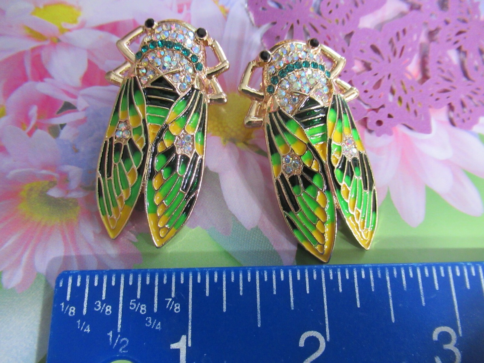 GOLD GREEN AND MULTICOLOR Locust Insect Rhinestone STUD Earrings-NEW