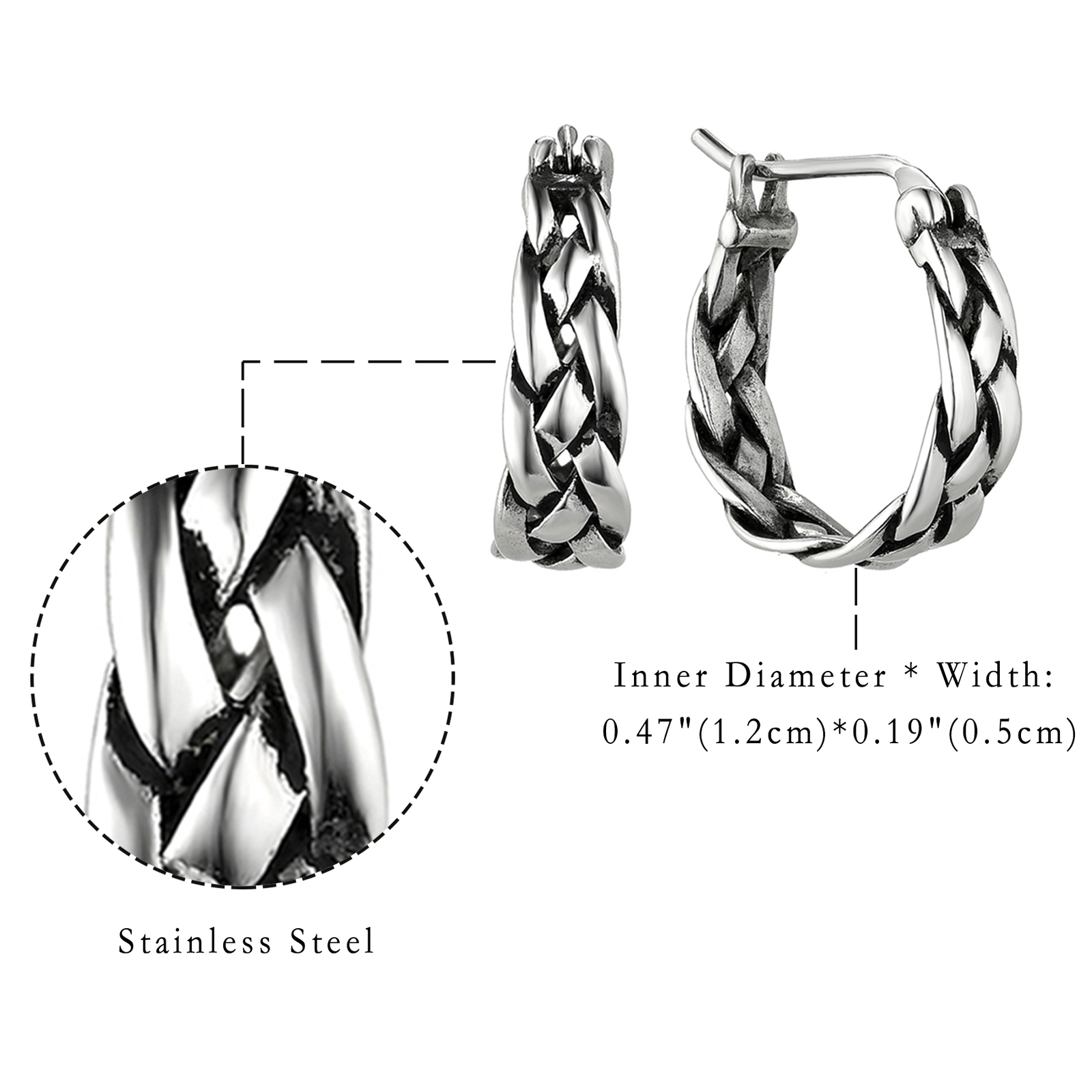 Stainless Steel Braided Small Hoop Huggie Earrings Thick Chunky For Men Women