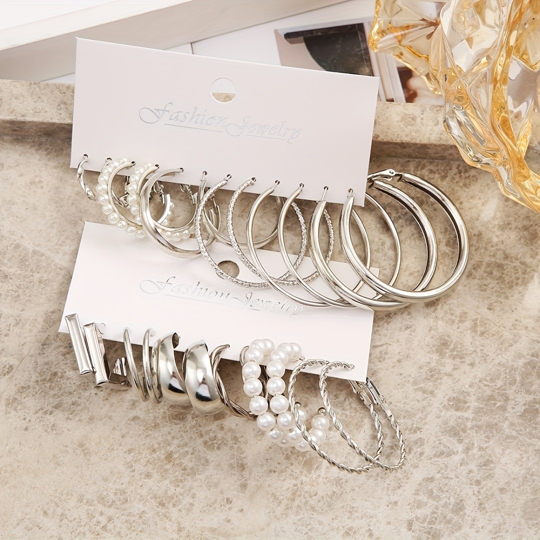 24pairs Golden Silvery Imitation Pearl Circle Hoop Earrings Zinc Alloy Jewelry