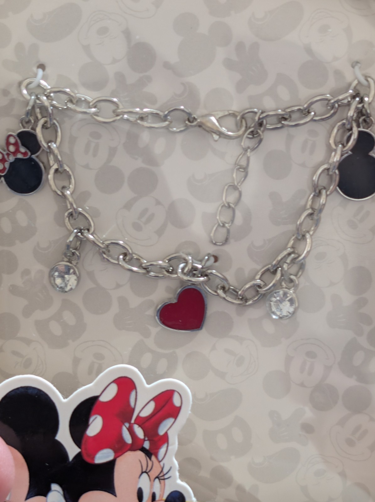 Disney Mickey Mouse & Minnie Charm Bracelet Silver Tone Heart Rhinestone NIP