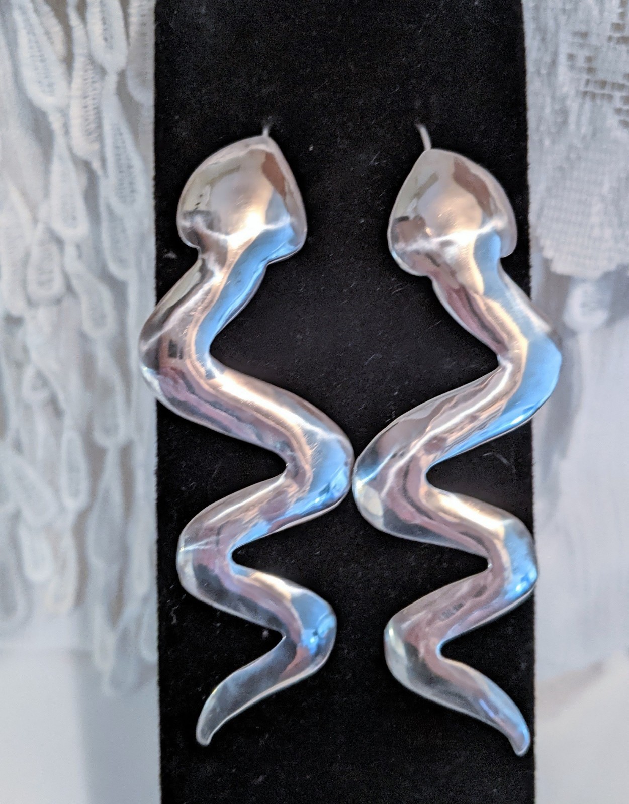 Edgy Crawling Snake Serpent Sterling Silver Long Hook Drop Earrings 3 1/4 Inch