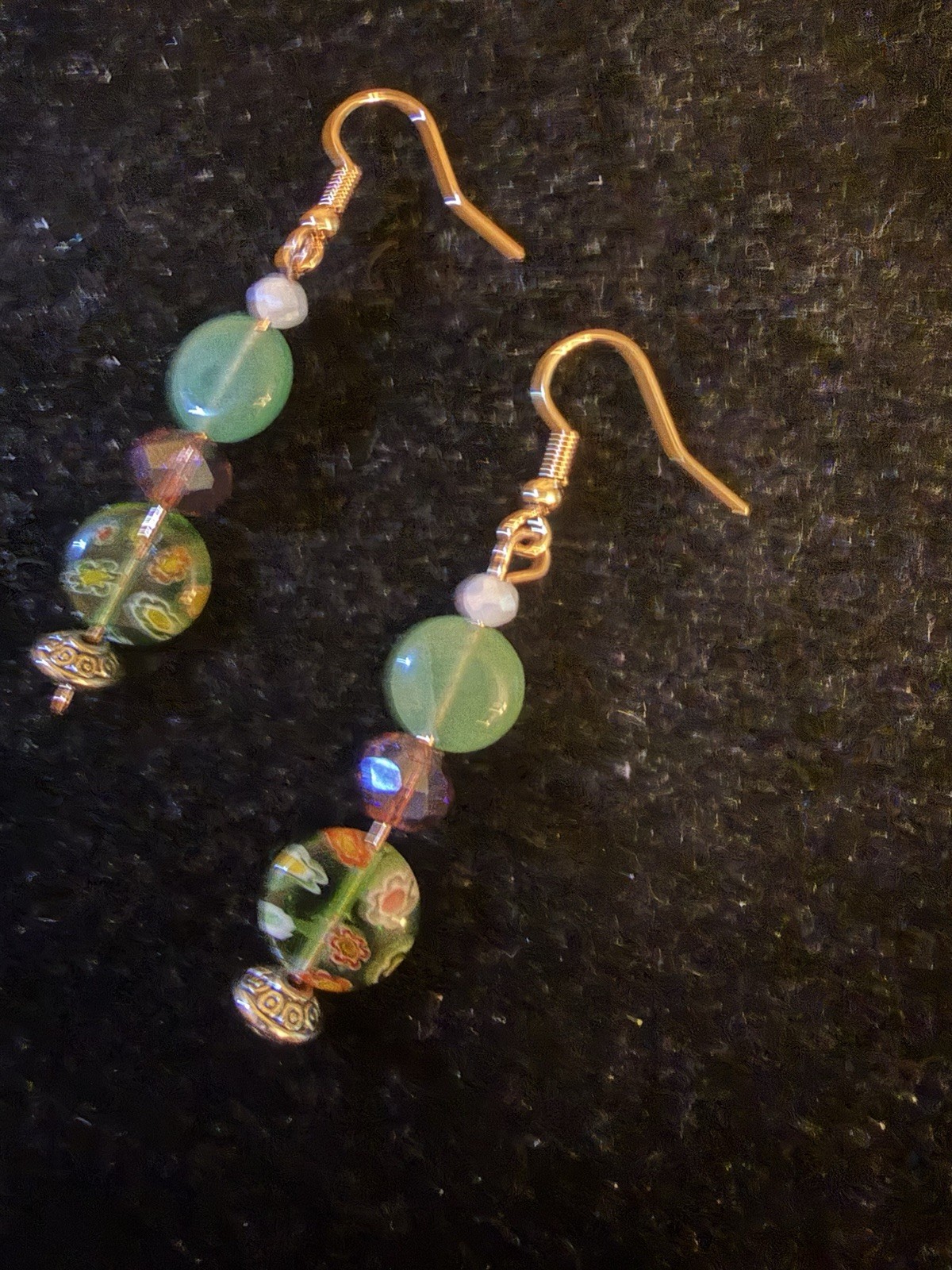 Green Round Glass Beaded Dangle/Drop Hook Earrings Bohemian Gold Tone