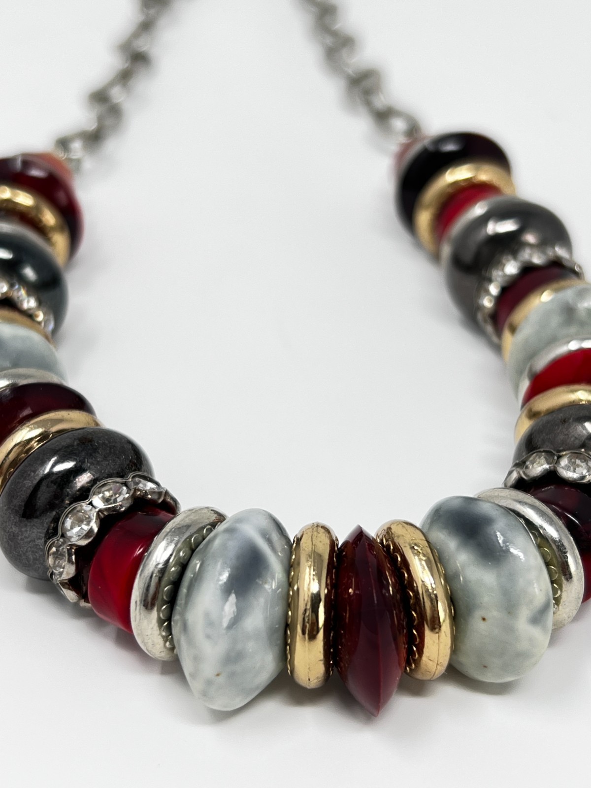 Statement Bib Necklace Red Gray Gold Resin Beads Rhinestone Silver Chain 20-22″